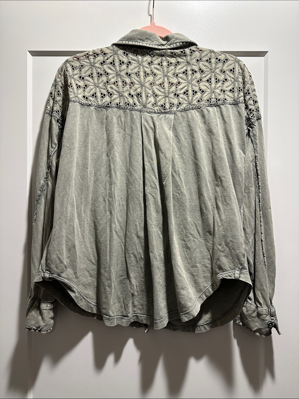 Women’s Embroidered Shoulder Button-Front Shirt - Sage - Picture 7 of 7
